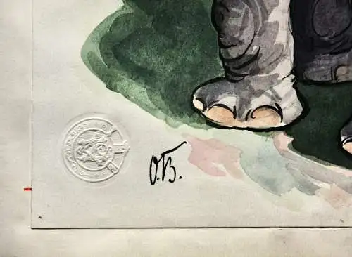 Otto Bromberger (1862-1943), sign. Aquarell, Karikatur, "Selbstbildnis", Elefant