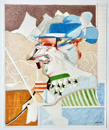 Simon Dittrich (geb. 1940) signierte Zeichnung, Mischtechnik, "Der Angler", 1969