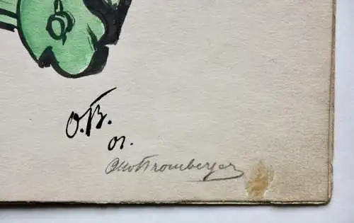 Otto Bromberger (1862-1943) sign. Aquarell Karikatur, Ritt auf geflügeltem Fass