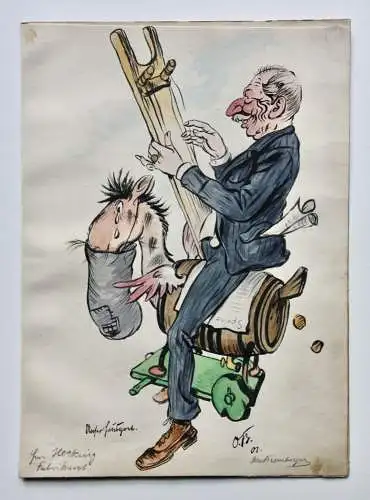 Otto Bromberger (1862-1943) sign. Aquarell Karikatur, Ritt auf geflügeltem Fass