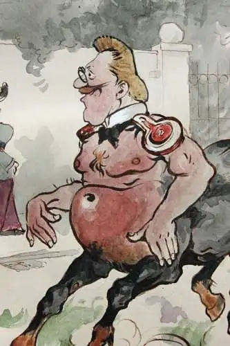 Otto Bromberger (1862-1943) sign. Aquarell, Karikatur "Augen - russ!!!" Zentaur