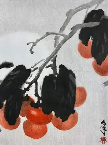 Persimmon Zweig Kaki Früchte chinesischer Holzschnitt im Stil von Qi Baishi 1979