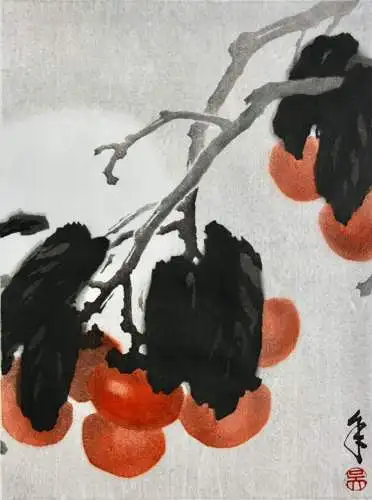 Persimmon Zweig Kaki Früchte chinesischer Holzschnitt im Stil von Qi Baishi 1979
