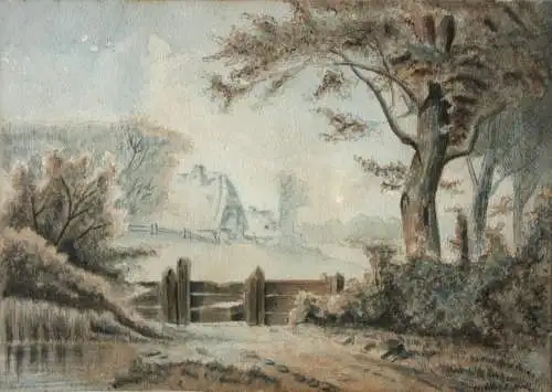 J. Holl, signiertes Aquarell, idyllische Landschaft mit Weiher und Gehöft, 1895