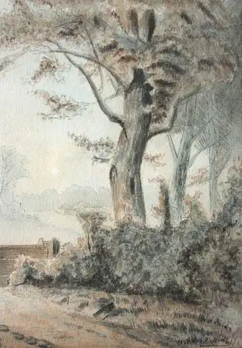 J. Holl, signiertes Aquarell, idyllische Landschaft mit Weiher und Gehöft, 1895