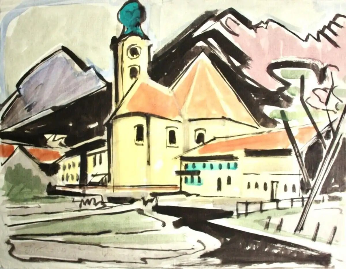 Johannes Sass (1897-1972), Aquarell, barocke Pfarrkirche St. Clemens, Eschenlohe 0