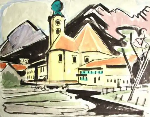 Johannes Sass (1897-1972), Aquarell, barocke Pfarrkirche St. Clemens, Eschenlohe