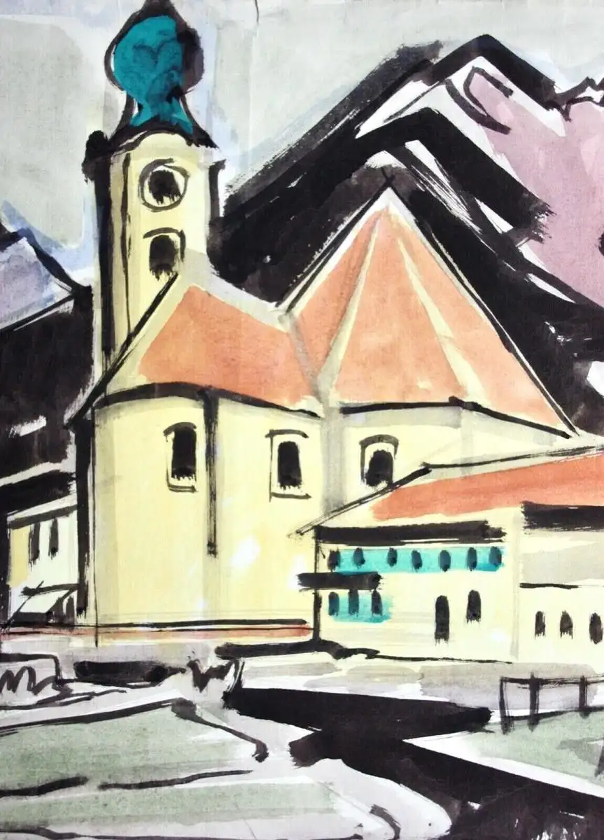 Johannes Sass (1897-1972), Aquarell, barocke Pfarrkirche St. Clemens, Eschenlohe 1