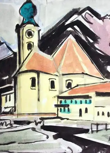 Johannes Sass (1897-1972), Aquarell, barocke Pfarrkirche St. Clemens, Eschenlohe