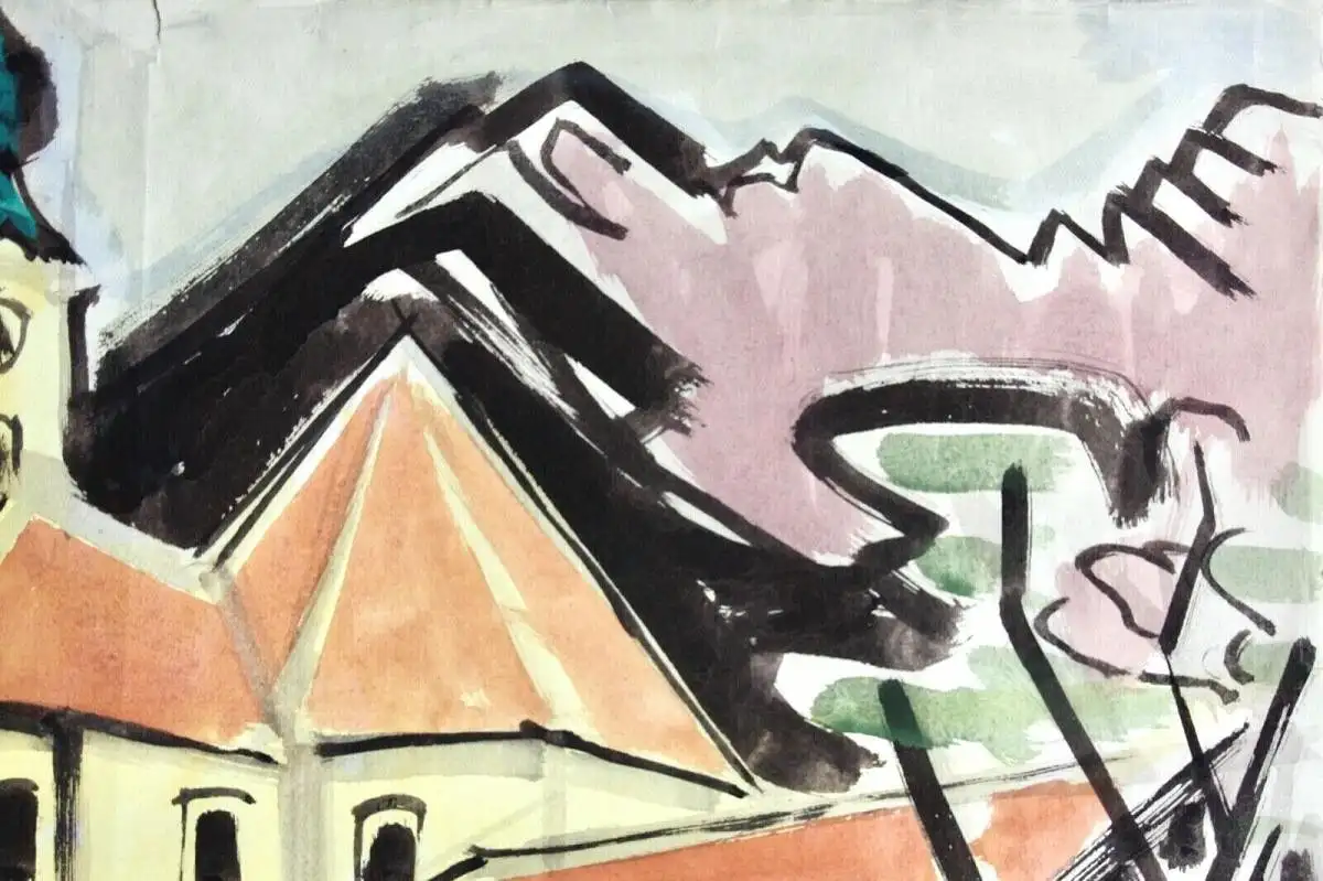 Johannes Sass (1897-1972), Aquarell, barocke Pfarrkirche St. Clemens, Eschenlohe 2