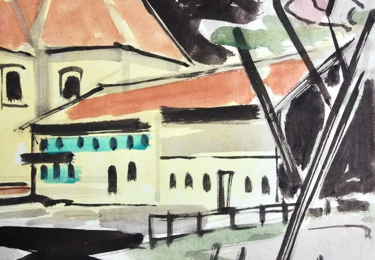 Johannes Sass (1897-1972), Aquarell, barocke Pfarrkirche St. Clemens, Eschenlohe 3