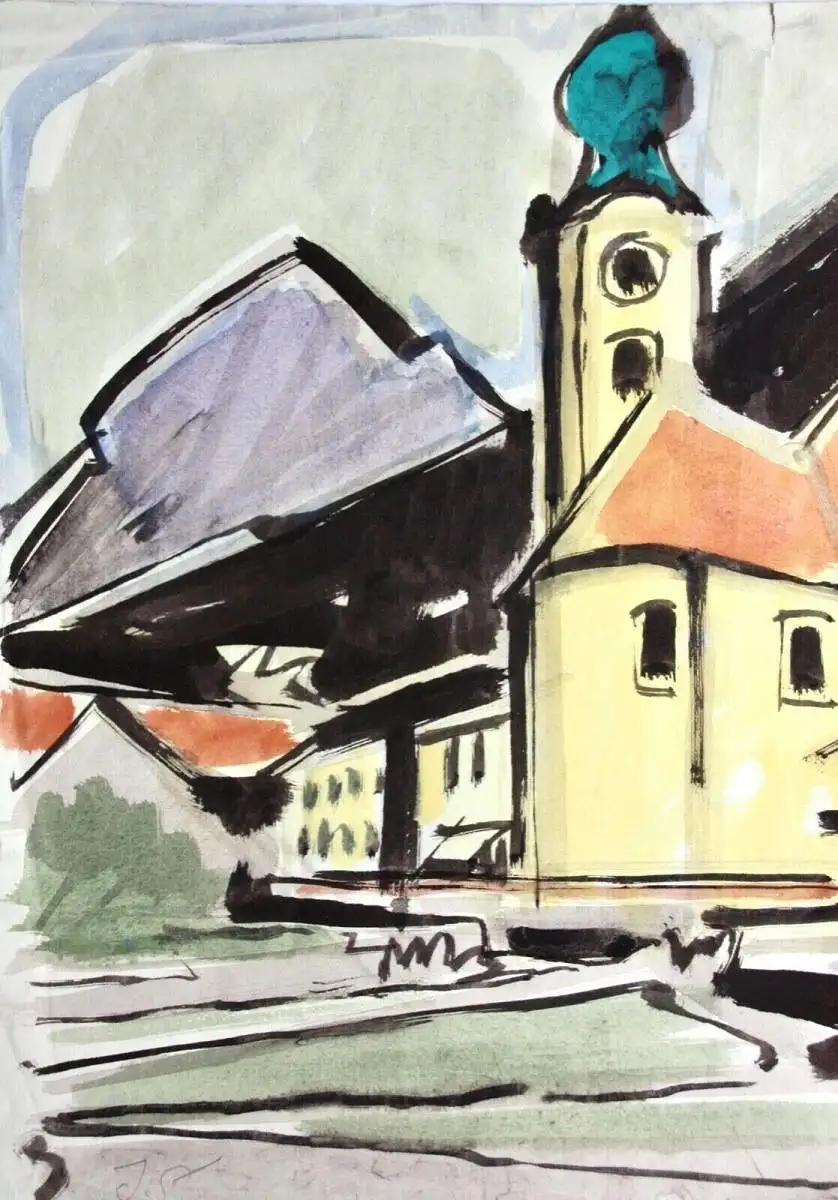 Johannes Sass (1897-1972), Aquarell, barocke Pfarrkirche St. Clemens, Eschenlohe 4
