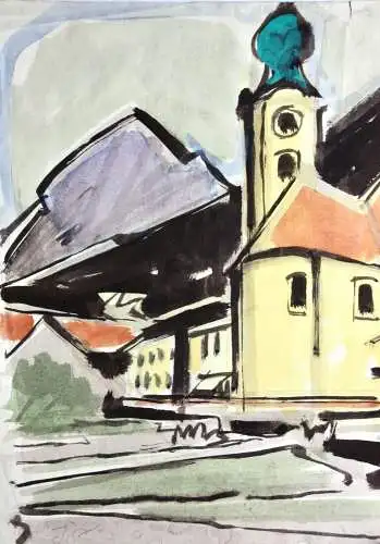 Johannes Sass (1897-1972), Aquarell, barocke Pfarrkirche St. Clemens, Eschenlohe