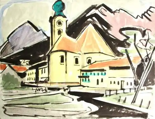 Johannes Sass (1897-1972), Aquarell, barocke Pfarrkirche St. Clemens, Eschenlohe