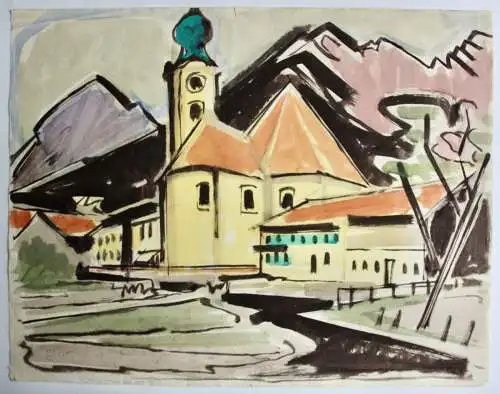 Johannes Sass (1897-1972), Aquarell, barocke Pfarrkirche St. Clemens, Eschenlohe