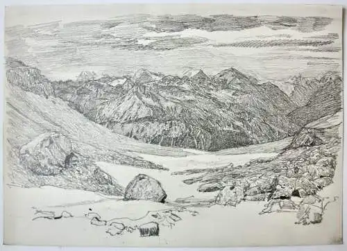 Hochgebirgs-Alm mit Blick auf ein Gipfelpanorama, Bleistiftzeichnung, um 1900