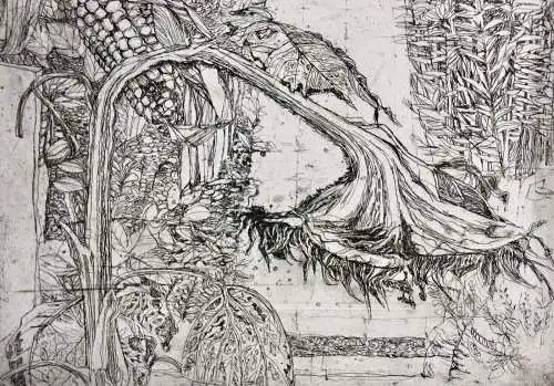 Ernst Kösslinger (geb. 1926) signierte Radierung "Garten im Herbst" Sonnenblume