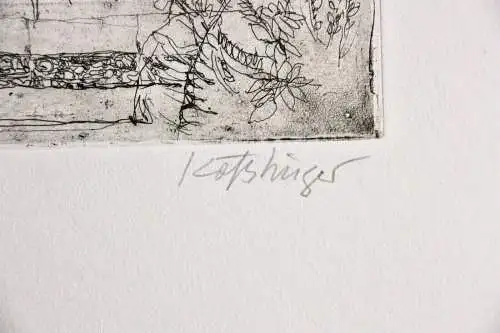 Ernst Kösslinger (geb. 1926) signierte Radierung "Garten im Herbst" Sonnenblume