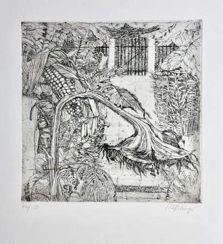 Ernst Kösslinger (geb. 1926) signierte Radierung "Garten im Herbst" Sonnenblume