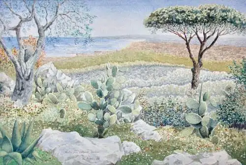 Motiv aus Catania, Sizilien, Landschaft mit Kakteen Aquarell signiert "I. Röder"