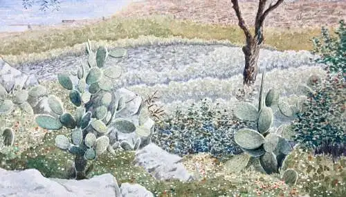 Motiv aus Catania, Sizilien, Landschaft mit Kakteen Aquarell signiert "I. Röder"