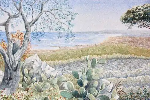 Motiv aus Catania, Sizilien, Landschaft mit Kakteen Aquarell signiert "I. Röder"