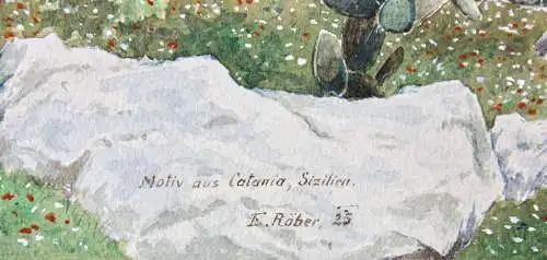 Motiv aus Catania, Sizilien, Landschaft mit Kakteen Aquarell signiert "I. Röder"