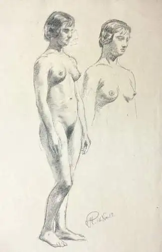 Weibliche Aktstudie, zwei stehende Frauen, monogrammierte Kreidezeichnung, 1912