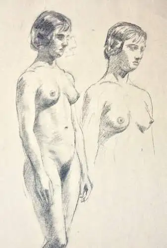 Weibliche Aktstudie, zwei stehende Frauen, monogrammierte Kreidezeichnung, 1912