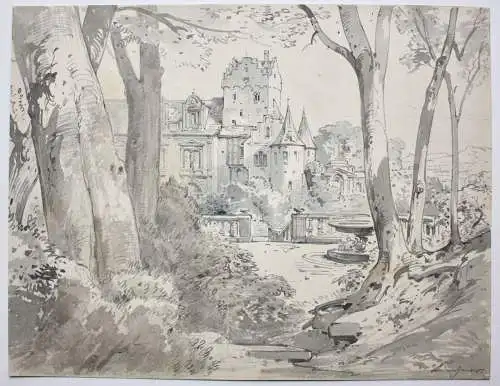 Albert Emil Kirchner (1813-1885) signiertes Aquarell, Schloss mit Park, um 1860