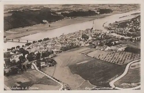 [Echtfotokarte schwarz/weiß] Vielshofen a.d. Donau - Luftaufnahme. Hansa-Nr. 36795 Freig. d.R. L. M. 