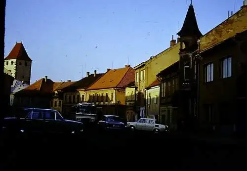 Orig 35mm DIA Slide  Mělník Innenstadt Strassenszene  Bus 1974 B12/63