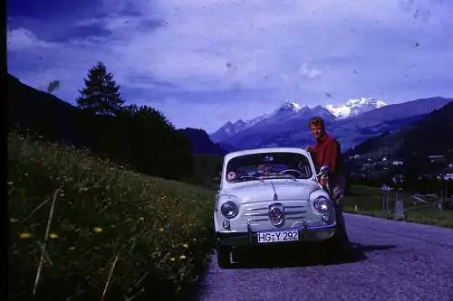 Vintage Dia Film Slide 35mm Man with his Fiat 600  '60s B5/L75