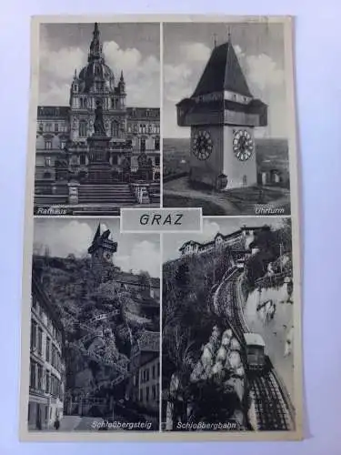 AK Postcard CPA Graz - Rathaus-Uhrturm-Schlossberg-Schlossbergbahn 1933