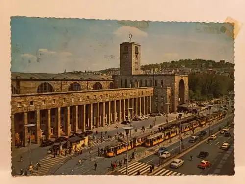 AK Postcard CPA Stuttgart Hauptbahnhof mit Strassenbahnen