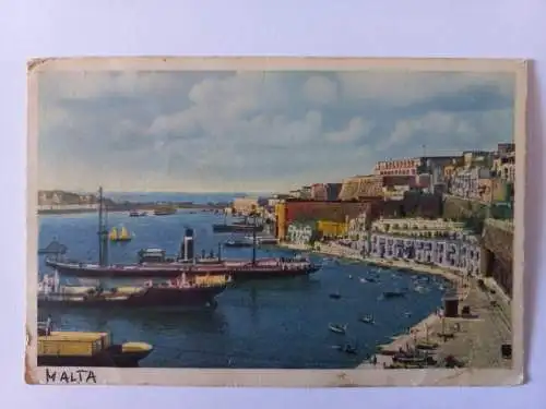 AK Postcard CPA MALTA View of Grand Harbour showing Marina, Valletta 1937