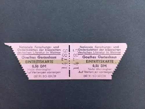 Vintage DDR Goethes Gartenhaus Eintrittskarten 2 Stk