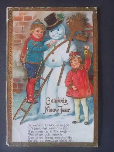 AK Postcard CPA  DUTCH New Year Postcard Bot Builds Snowman on Gilt Ladder Girl