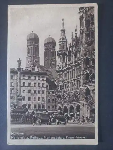 AK Postcard CPA Deutschland München Marienplatz Rathaus, Mariensäule u. Frauenki