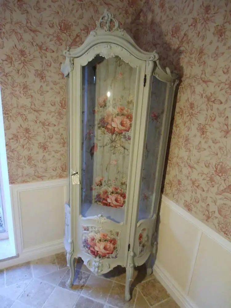 Vitrine Holzvitrine Barockstil Vintage Rosen Standvitrine Brocante Glasvitrine Badezimmer Landhaus Cottage 0