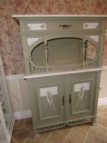 Antik Jugendstil Vertiko Kommode Schrank Anrichte Sideboard Brocante Weiß Grün Landhaus Cottage 