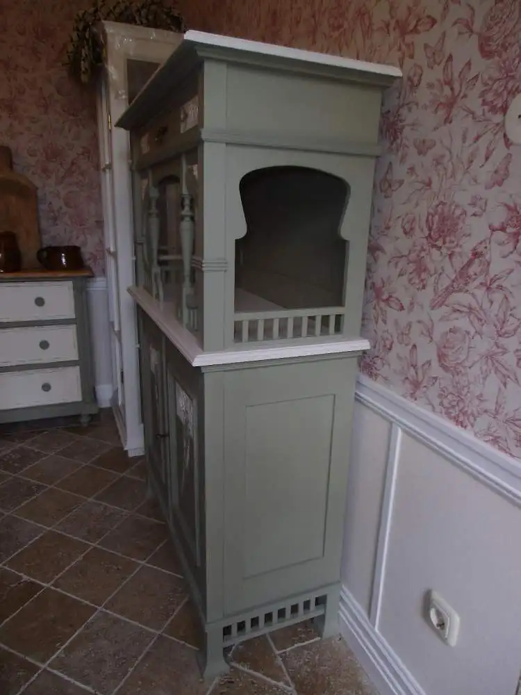 Antik Jugendstil Vertiko Kommode Schrank Anrichte Sideboard Brocante Weiß Grün Landhaus Cottage  12