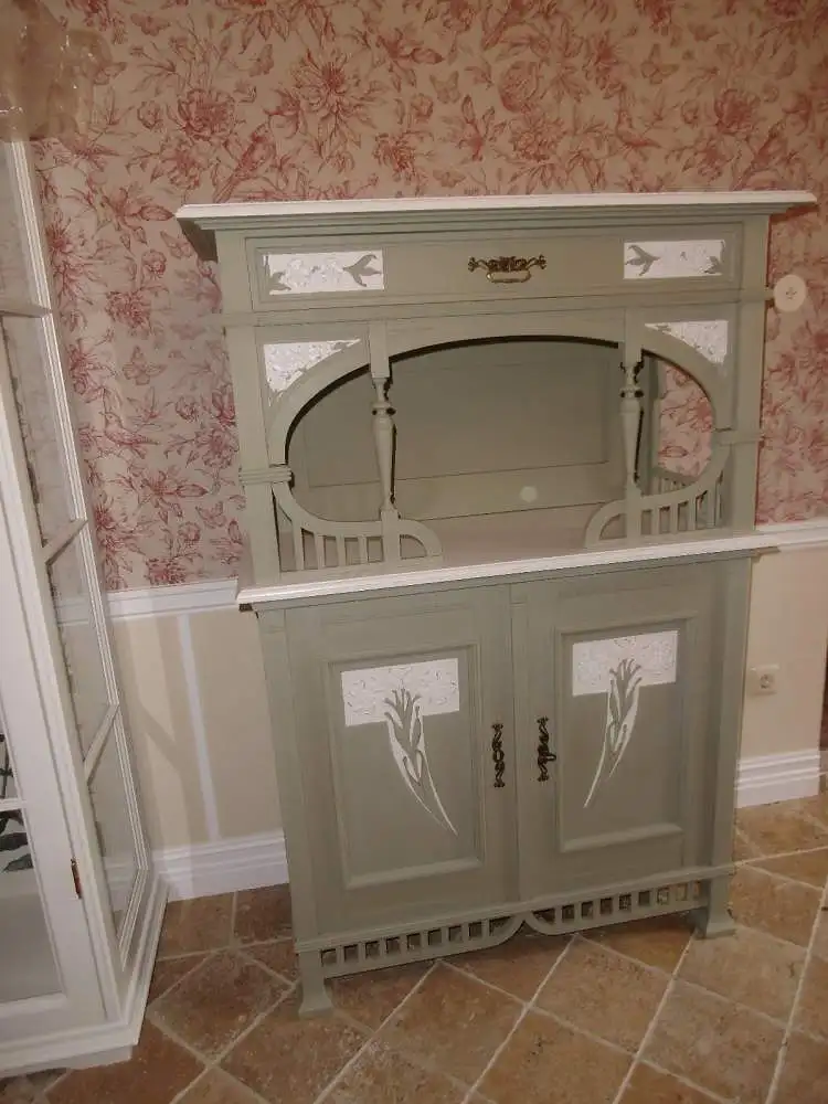 Antik Jugendstil Vertiko Kommode Schrank Anrichte Sideboard Brocante Weiß Grün Landhaus Cottage  16