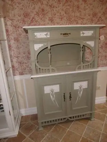 Antik Jugendstil Vertiko Kommode Schrank Anrichte Sideboard Brocante Weiß Grün Landhaus Cottage 