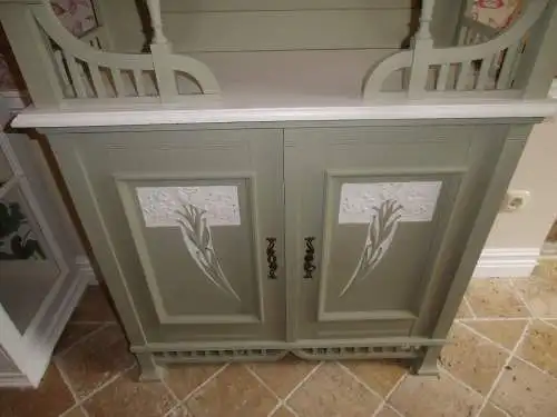 Antik Jugendstil Vertiko Kommode Schrank Anrichte Sideboard Brocante Weiß Grün Landhaus Cottage 