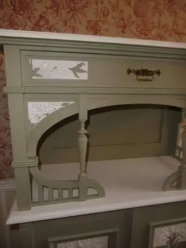 Antik Jugendstil Vertiko Kommode Schrank Anrichte Sideboard Brocante Weiß Grün Landhaus Cottage 