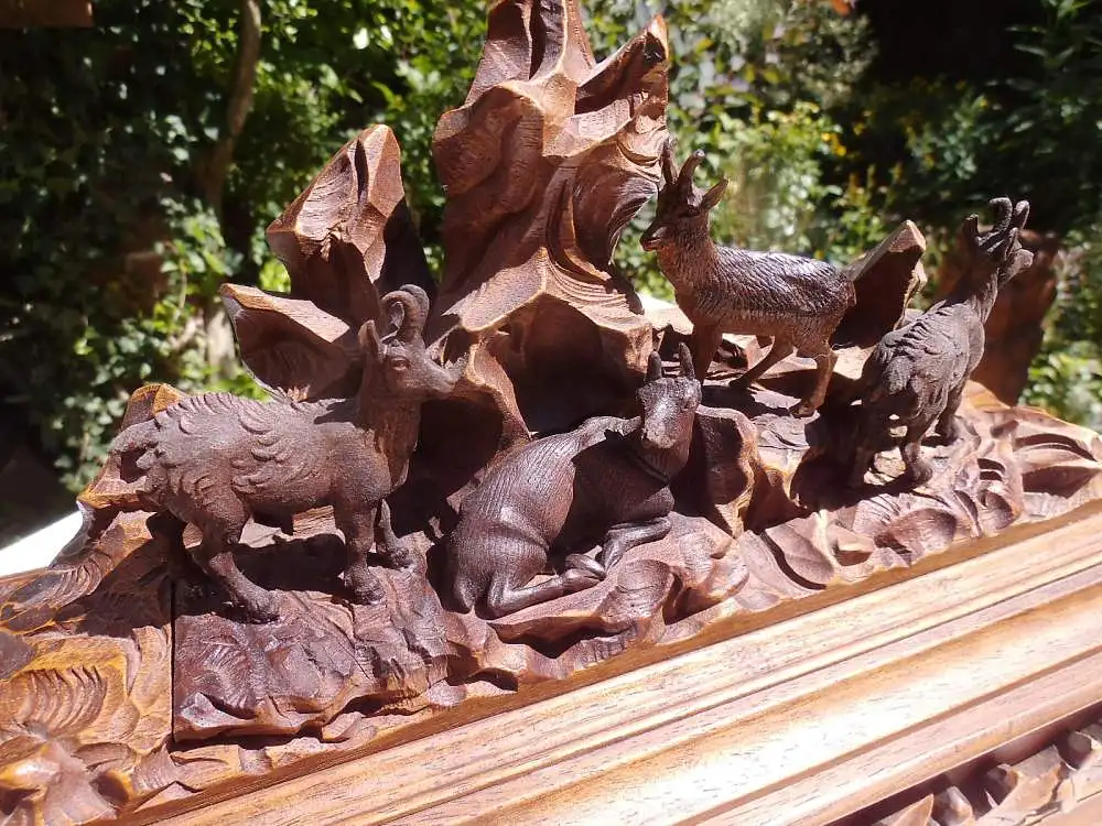 Antik Holzschatulle Schatulle Kassette Kästchen Schmuckkästchen Schnitzerei Unikat Berg Ziegen Fels Holzkiste Eiche Holzbox Dose Deckel  5