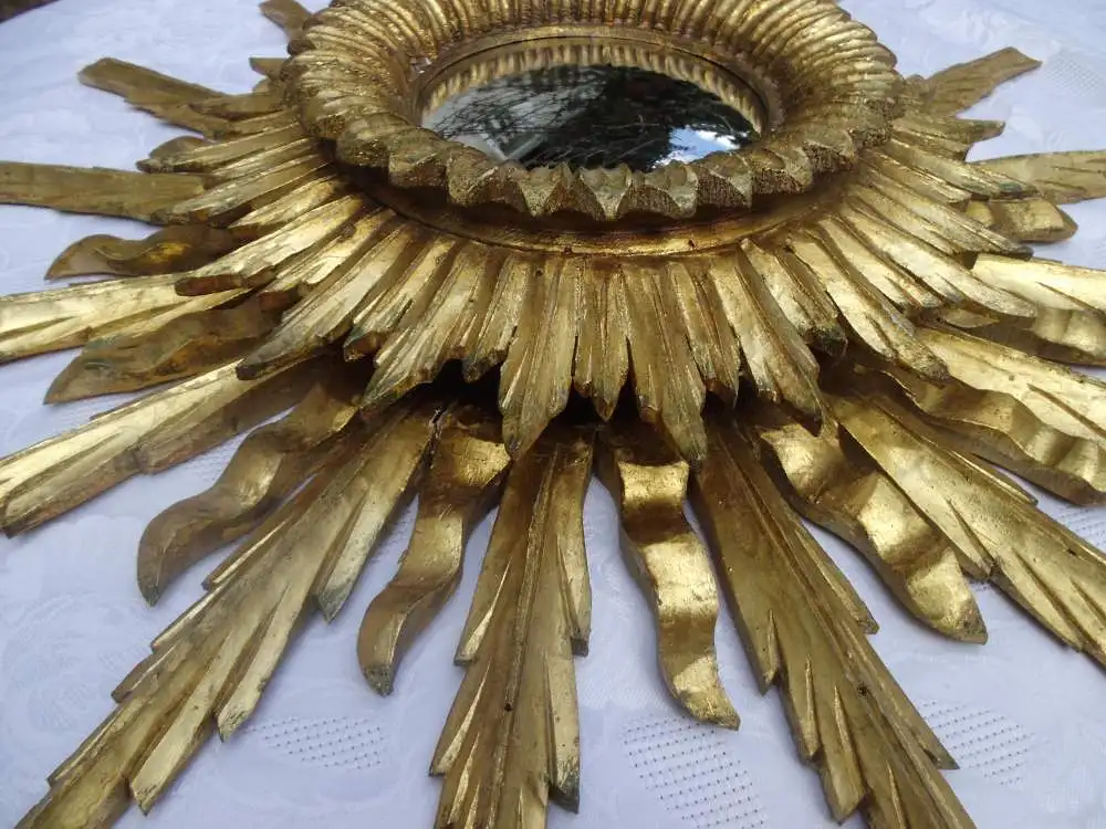 Antik Sonnenspiegel Wandspiegel Spiegel Holz Vergoldung Holzspiegel Brocante Konvex Sonne Strahlen 12