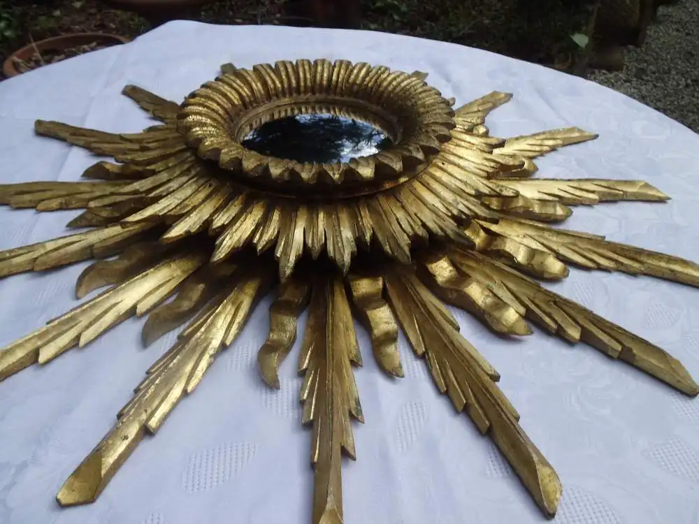 Antik Sonnenspiegel Wandspiegel Spiegel Holz Vergoldung Holzspiegel Brocante Konvex Sonne Strahlen 3