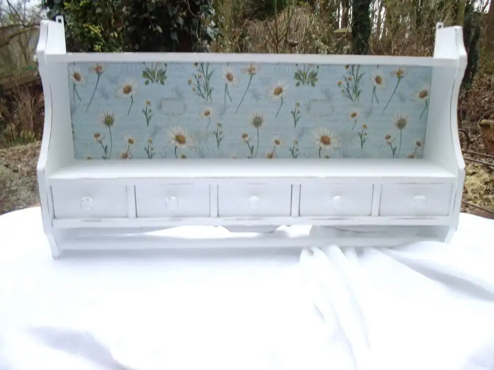 Wandregal Regal Holzregal Schubladen Handtuchstange Wandhaken Weiß Shabby Gänseblümchen Hängeregal Gewürzregal Küchenregal Landhaus  1